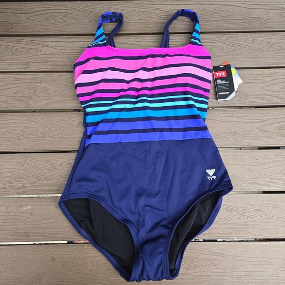 TYR Ombre Straight Neck Control Fit Pink/navy 1 Piece Bathing Suit Sz 20… - Picture 1 of 3